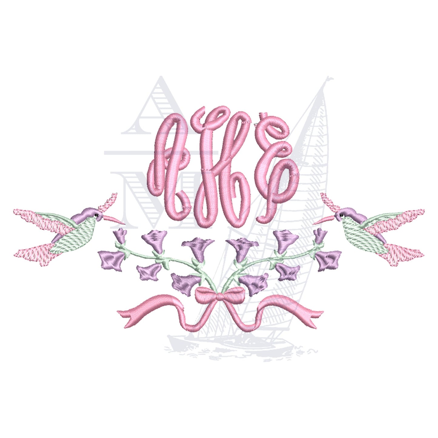 Hummingbirds Embroidery Design with Flowers and Bows, Design File 5x7