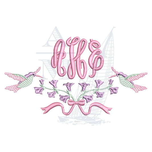 Hummingbirds Embroidery Design with Flowers and Bows, Design File 5x7