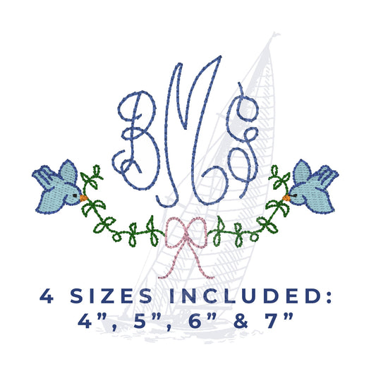 Monogram Bird & Bow Frame Embroidery Design File 4"-7" Wide