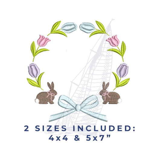Spring Bunny Tulip Flower Monogram Bow Frame Embroidery Design