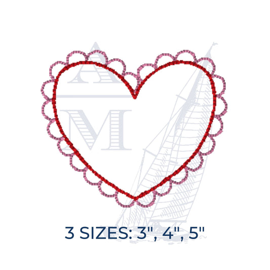Valentine's Day Heart Embroidery Design, Scalloped Heart Quick Outline Bean Stitch, 3, 4, 5"