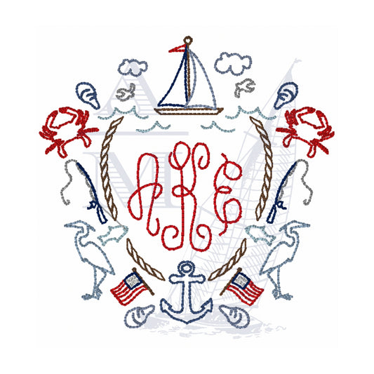 Nautical Monogram Crest for Boys or Girls, Summer Embroidery Design, 4, 5, 6