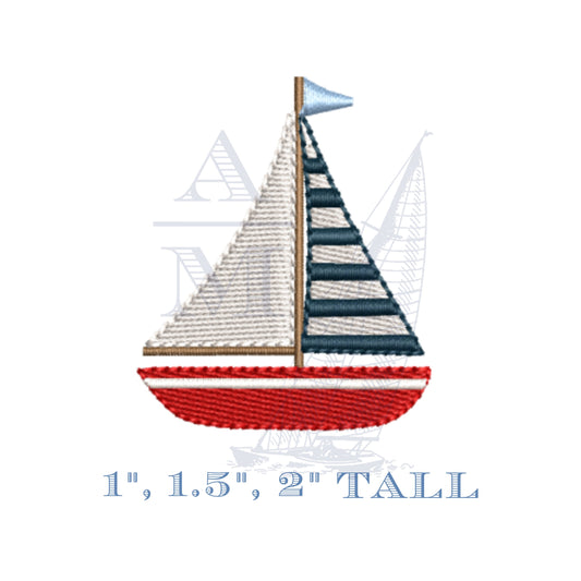 Mini Boat Embroidery Design, Nautical Striped Sailboat, Digital Machine Embroidery File, 1", 1.5", 2" Tall