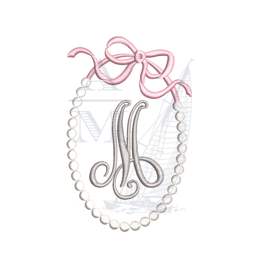 String of Pearls Bow Monogram Frame Embroidery Design, 2", 3", 4", 5" Tall