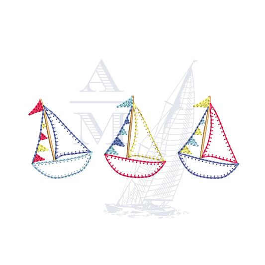 Boat Trio Applique Embroidery Design with Blanket Stitch Vintage Finish, 3, 4, 5" Wide