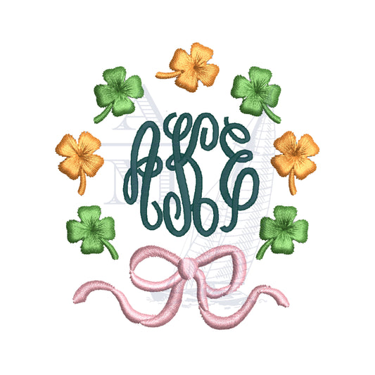 St Patrick's Day Four 4 Leaf Clover with Bow Monogram Frame Irish Embroidery Design