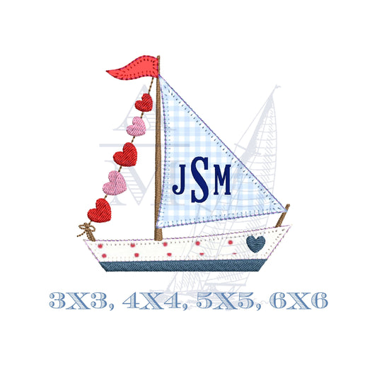 Valentine's Day Love Boat Applique Embroidery Design with Hearts, 4 Sizes