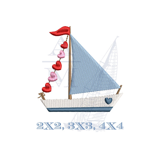 Valentine's Day Love Boat Embroidery Design with Hearts, 3 Sizes