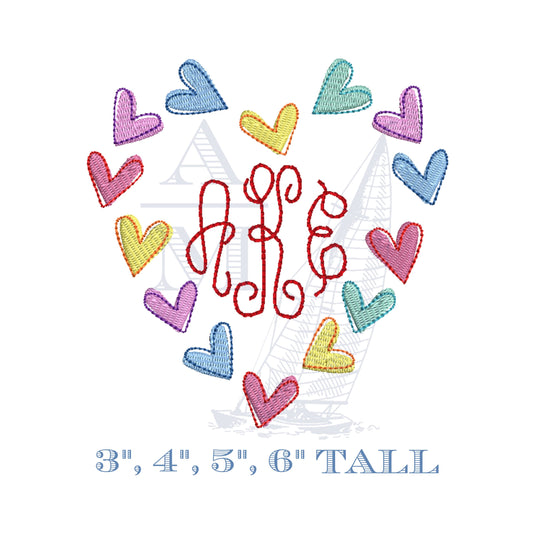 Valentine's Day Heart Design, Trendy Hearts Monogram Frame Embroidery Design, 4 Sizes