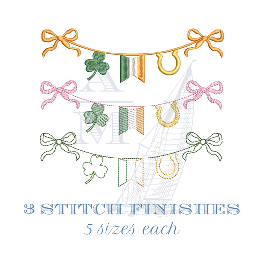 St. Patrick's Day Embroidery Design Swag Bundle, Shamrock, Irish Flag, Horseshoe and Bows, Outline, Satin & Sketch, 5 Sizes Each