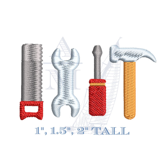 Tool Set Mini Embroidery Design, 4 Individual designs, Hammer, Saw, Wrench and Screwdriver, for Boys or Girls, 1, 1.5 and 2 Tall