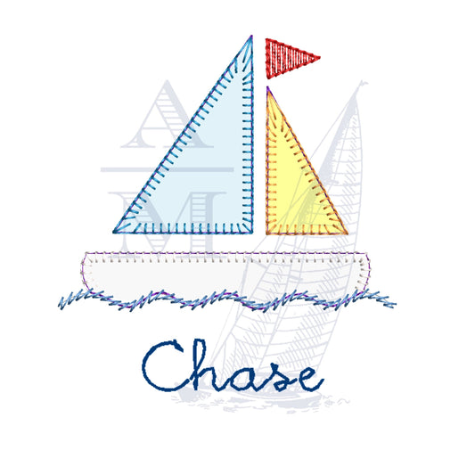 Boat Applique Embroidery Design with Sketch Vintage Finish, 3, 4, 5" Wide, Spring Nautical Sailboat