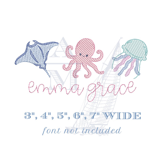Sea Creatures Trio, Sketch Fill, Octopus, Sting Ray and Jellyfish Ocean Embroidery Design, 3-7" Wide