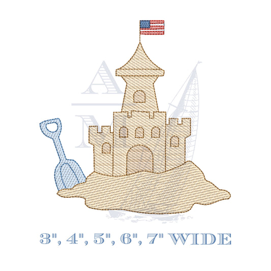 Patriotic American Flag Sandcastle Summer Embroidery Design for Girls or Boys, 5 Sizes