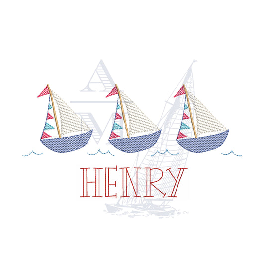 Sailboat Trio Sketch Fill Quick Stitch Embroidery Design, 3-7" Wide