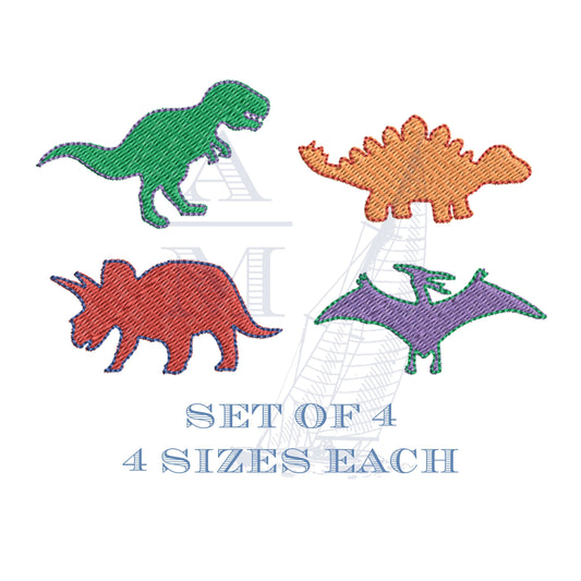 Mini Dinosaur Embroidery Design Set, Set of 4, Stegosaurus, Pterodactyl, Triceratops, Tyrannosaurus Rex, 4 Sizes Each
