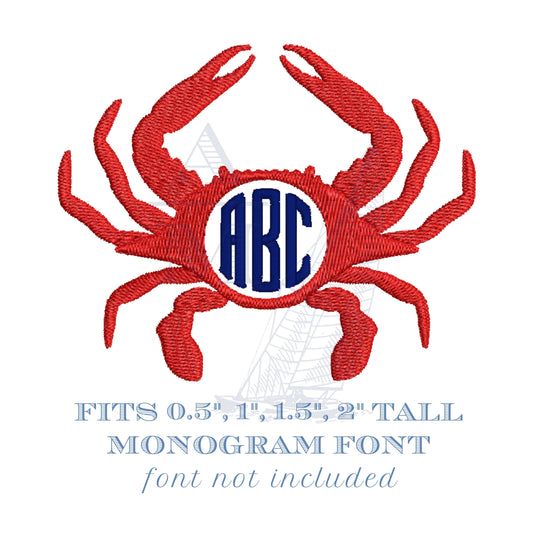 Crab Monogram Frame Design for Embroidery, Fits Fonts 0.5" to 2" tall