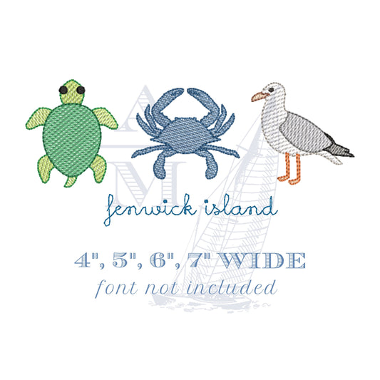 Beach Summer Embroidery Design with Sea Turtle, Blue Crab and Seagull, 4 sizes each