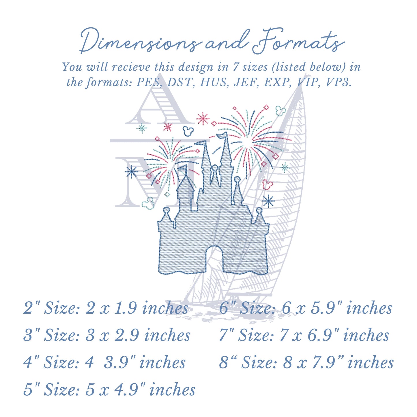 Cinderella Castle with Fireworks Embroidery Design, 8 sizes