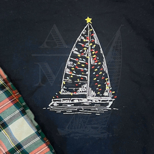 Christmas Sailboat with Christmas Lights Nautical Embroidery Design, Parade of Lights Boat Parade, 5 sizes, quick stitch
