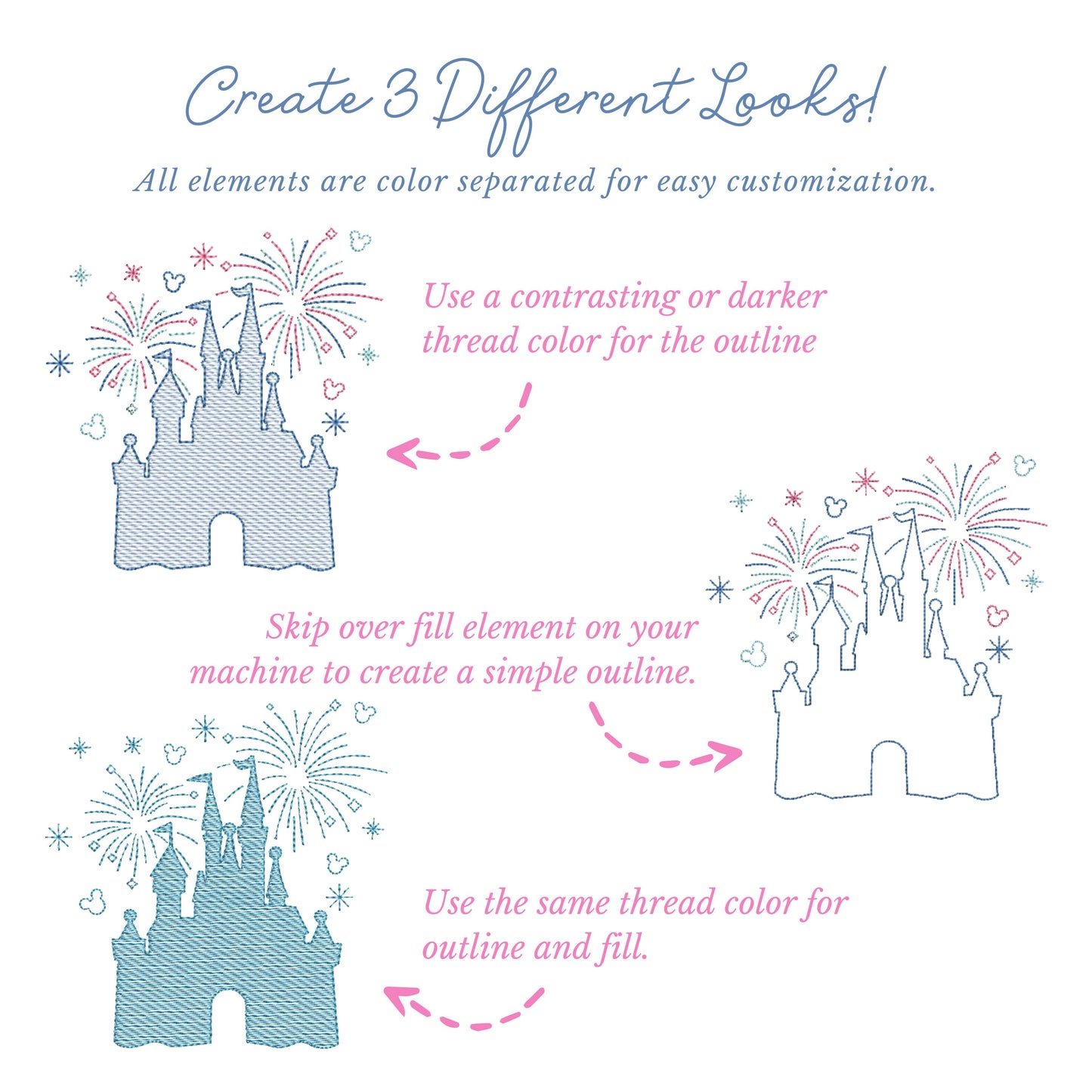 Cinderella Castle with Fireworks Embroidery Design, 8 sizes