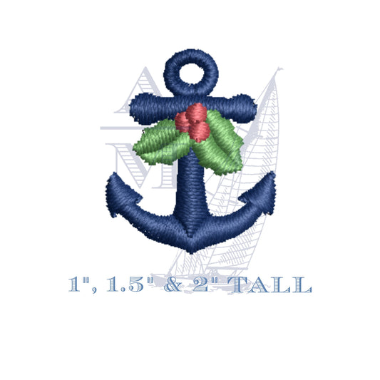 Mini Christmas Anchor Embroidery Design, Nautical, Holly Leaves & Berries, Digital Machine Embroidery File, 1", 1.5", 2" Tall