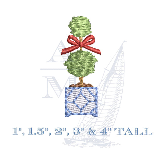 Christmas Topiary Tree Embroidery Design with Removable Bow, 1"-4" Tall, 5 Sizes