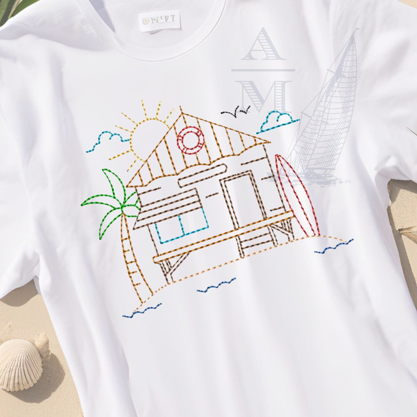 Summer Surfer Lifeguard Shack Embroidery Design with Palm Tree, Sun & Surfboard, 5 Sizes, for Machine Embroidery, Digital File