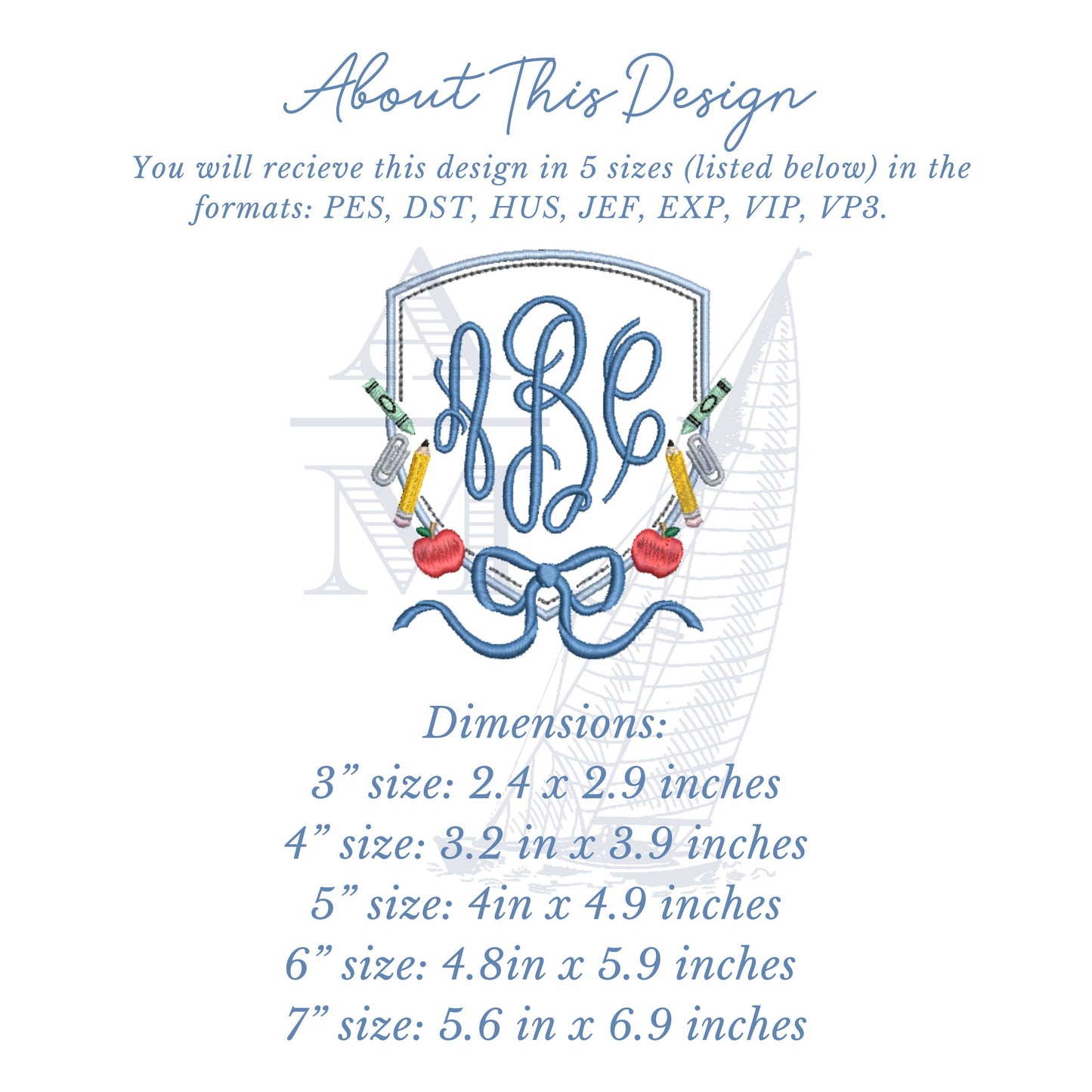 Back to School Monogram Frame Embroidery Design Crest with Bow, Pencil, Crayon, Apple, Girly Southern Frame, 5 Sizes