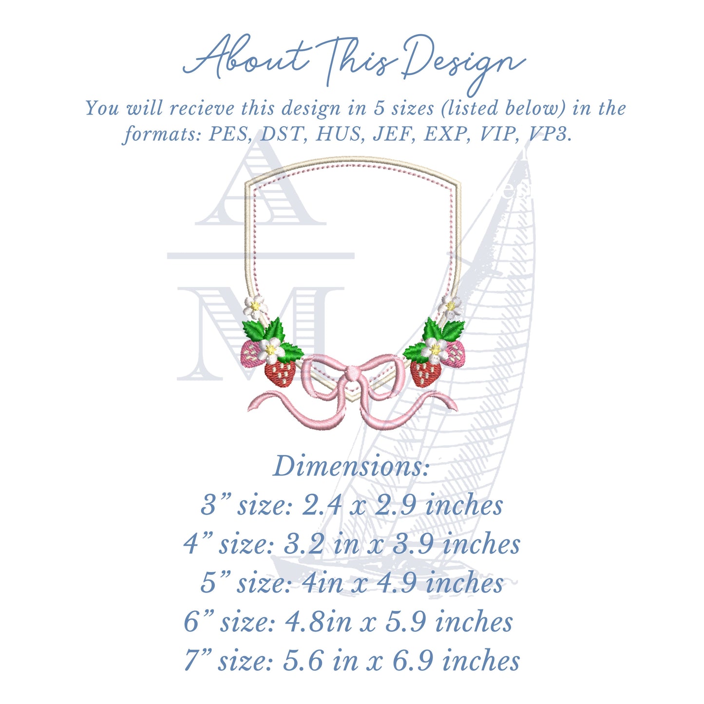 Strawberry Crest Monogram Frame Embroidery Design with Bow and Flowers, Girly Southern Frame, 5 Sizes