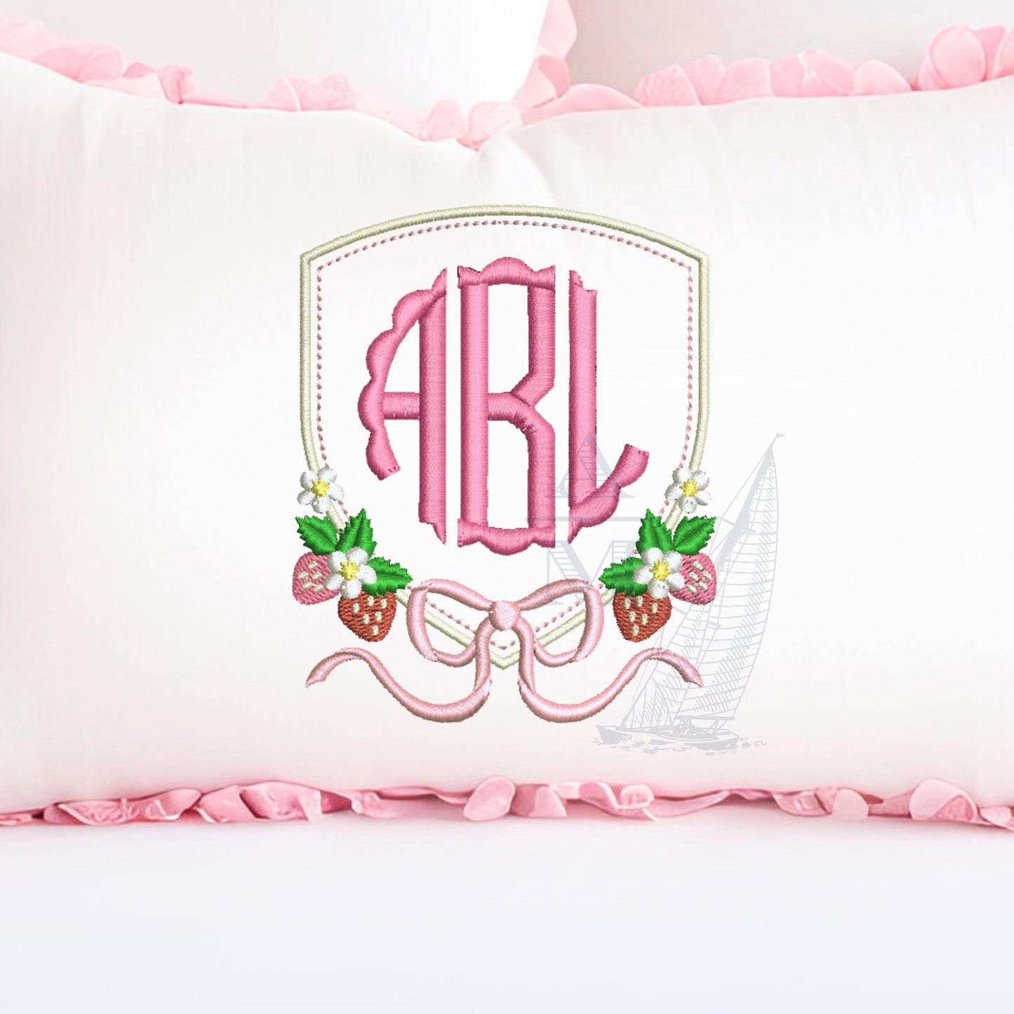 Strawberry Crest Monogram Frame Embroidery Design with Bow and Flowers, Girly Southern Frame, 5 Sizes