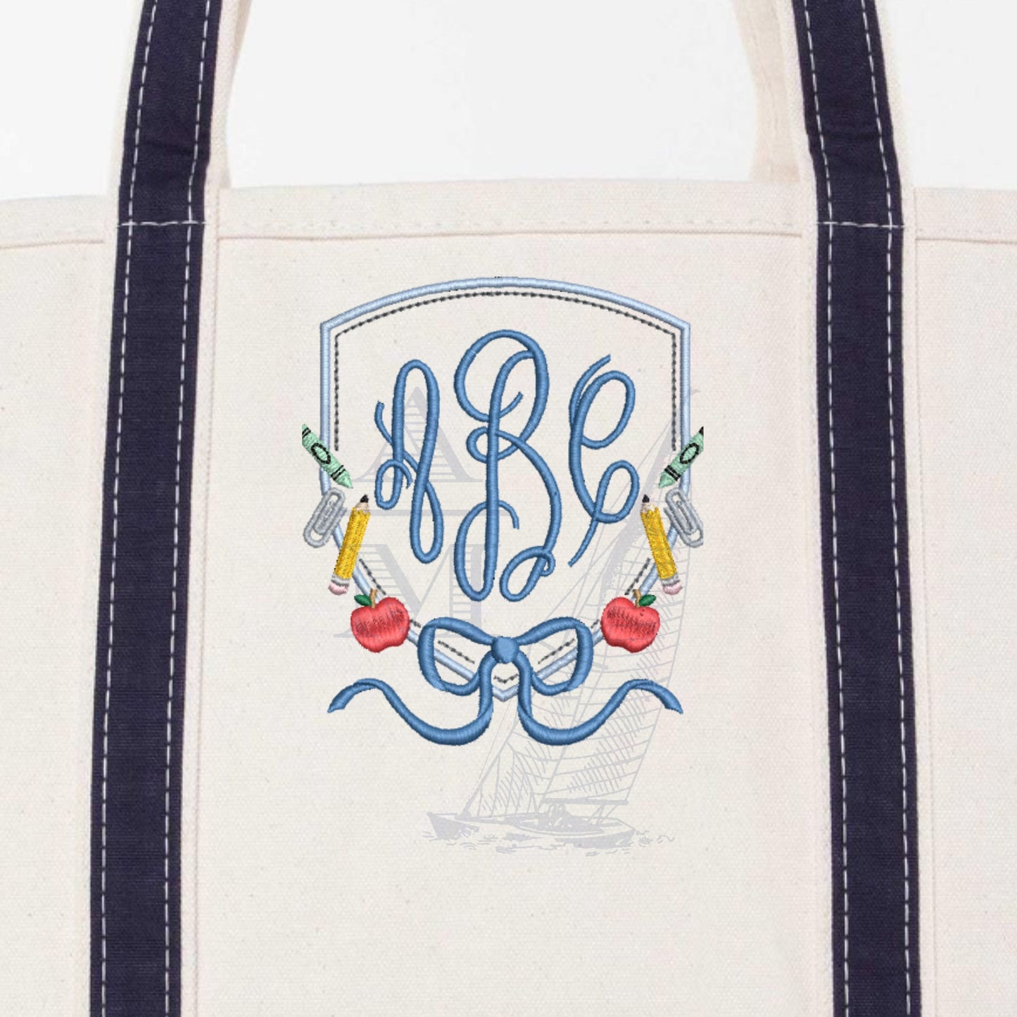 Back to School Monogram Frame Embroidery Design Crest with Bow, Pencil, Crayon, Apple, Girly Southern Frame, 5 Sizes