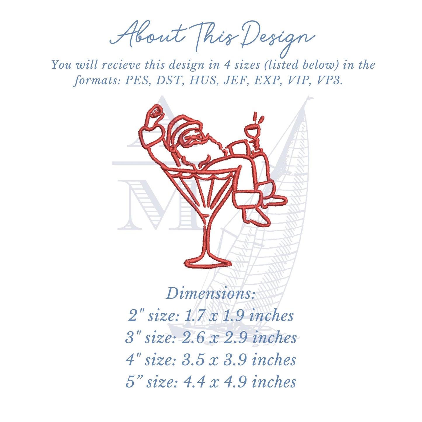Retro Santa with Martini Glass Embroidery Design, Great for Cocktail Napkins, 4 Sizes