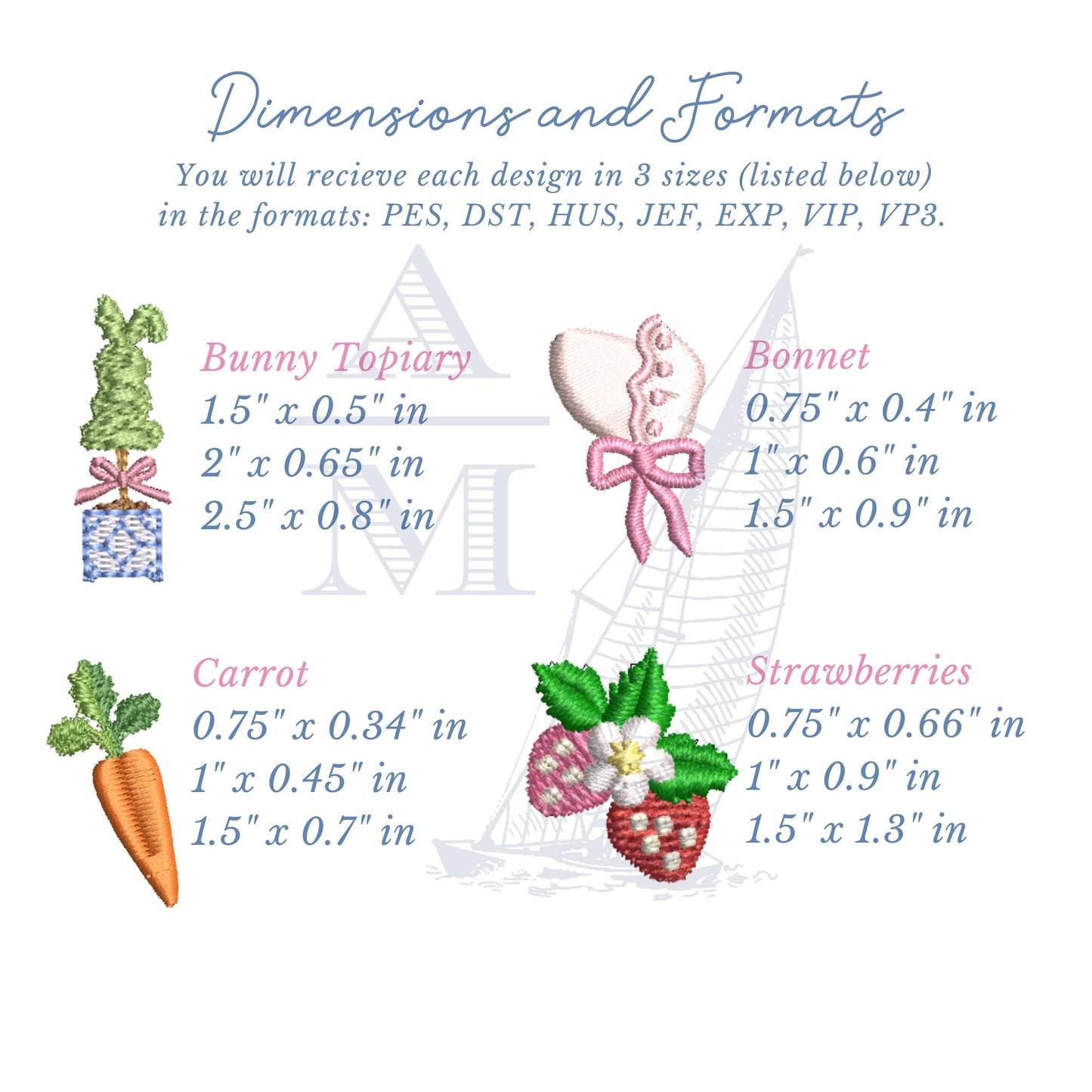 SET OF 8 Spring Embroidery Designs, 3 sizes each, Bunny, Duck, Carrot, Tulip, Strawberry, Butterflies, Bonnet, Topiary, Easter Chinoiserie