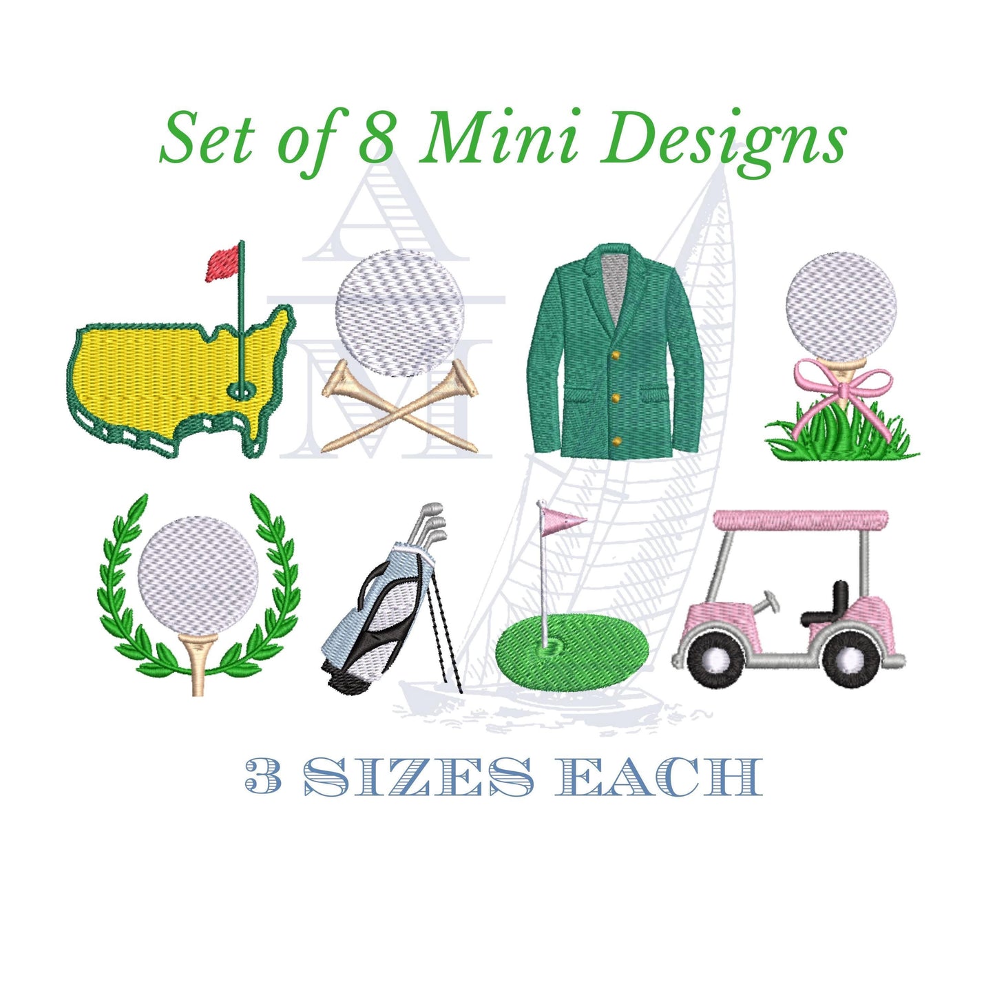 Mini Golf Embroidery Designs Set of 10, Golf Ball Cart Bag, 3 Sizes Each, Machine Embroidery Digital File