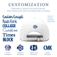 White cap with monogram options and customization text on a white background