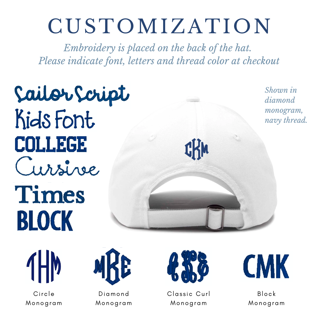 White cap with monogram options and customization text on a white background