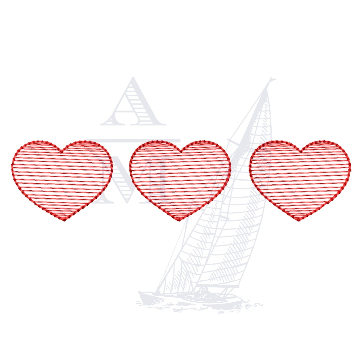 Hearts Trio, Valentines Day, Sketch Fill Embroidery Design File, 4x4, 5x7