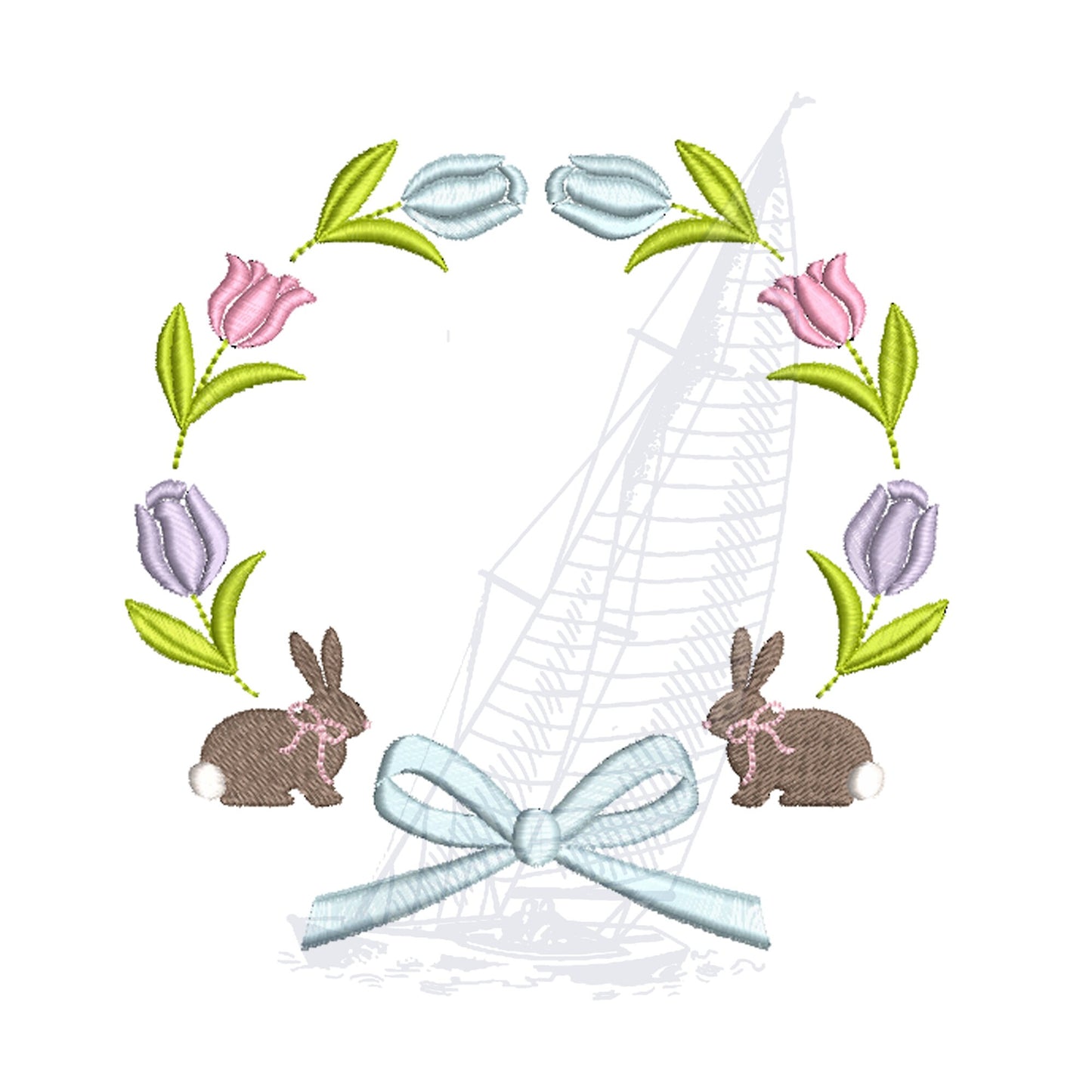 Spring Bunny Tulip Flower Monogram Bow Frame Embroidery Design