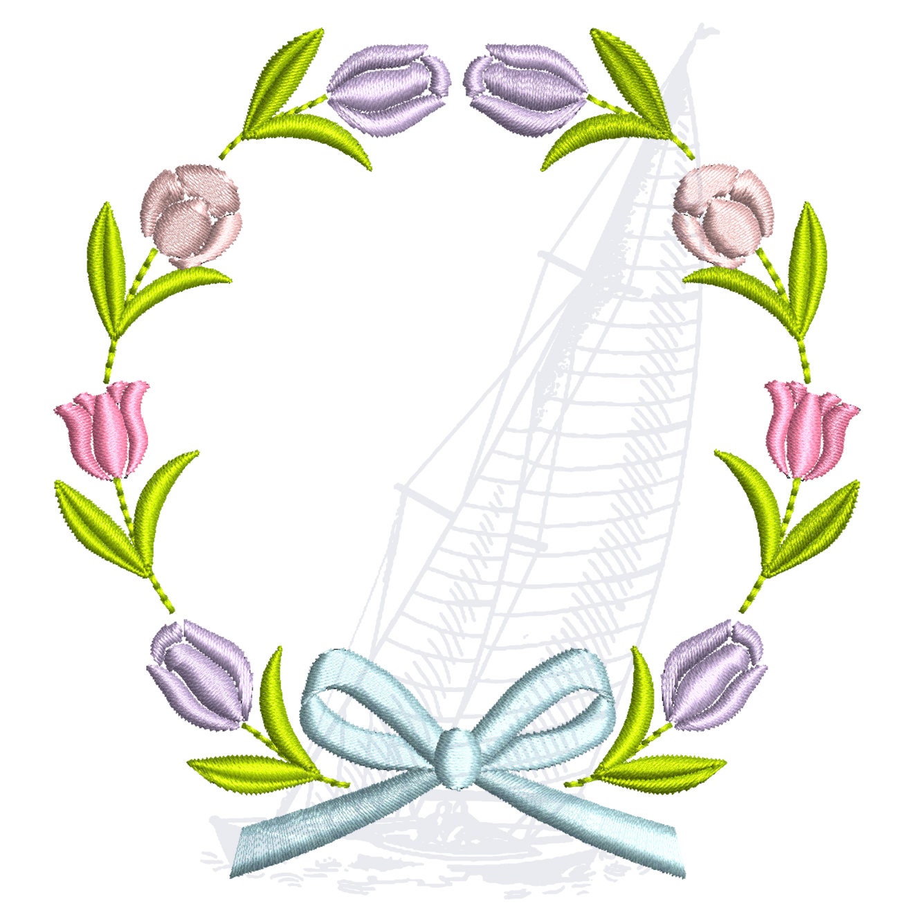 Tulip Flower Monogram Bow Frame Embroidery Design File 4x4