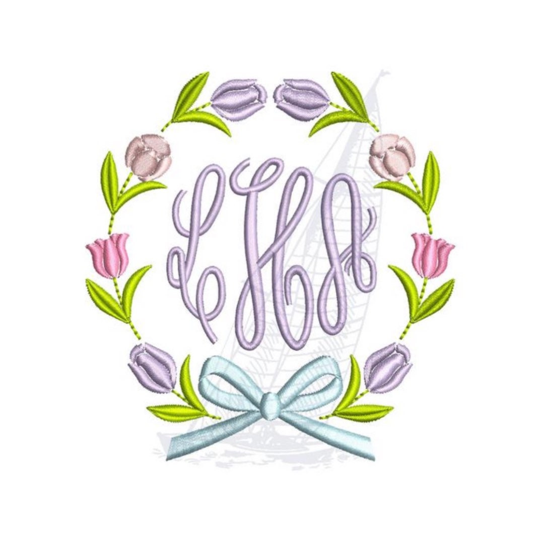 Tulip Flower Monogram Bow Frame Embroidery Design File 4x4