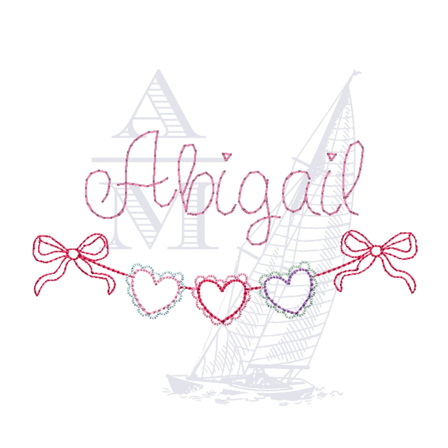 Valentine's Day Embroidery Design Swag, Scalloped Heart Bunting Banner and Bows, Quick Outline Stitch, 4x4 & 5x7