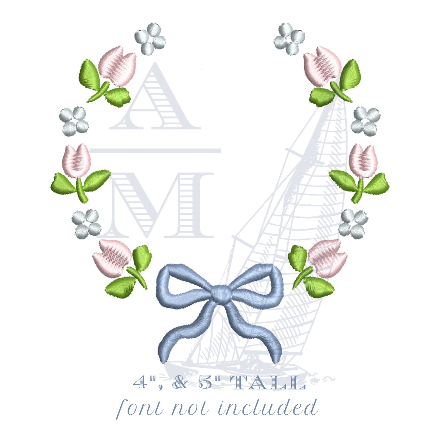 Tulip Floral Bow Monogram Frame, Flower Embroidery Design, 4" & 5" Satin Finish