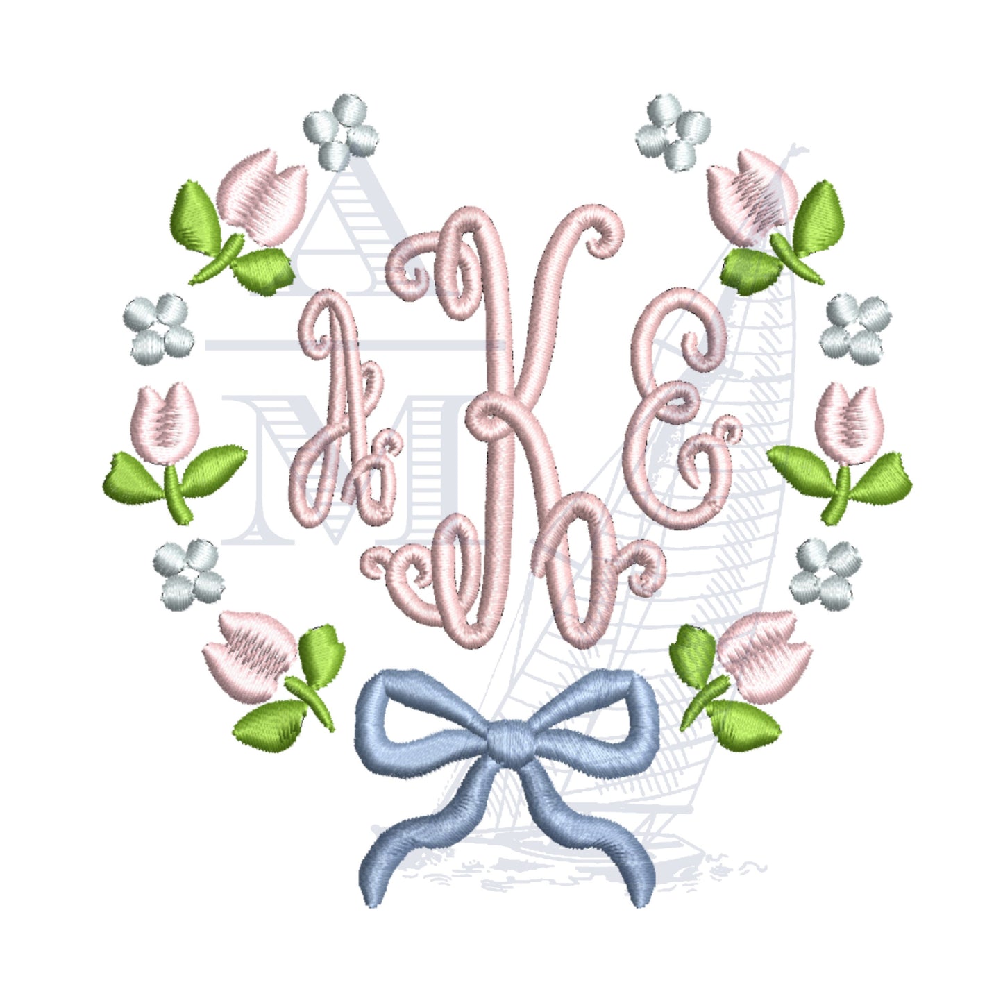 Tulip Floral Bow Monogram Frame, Flower Embroidery Design, 4" & 5" Satin Finish