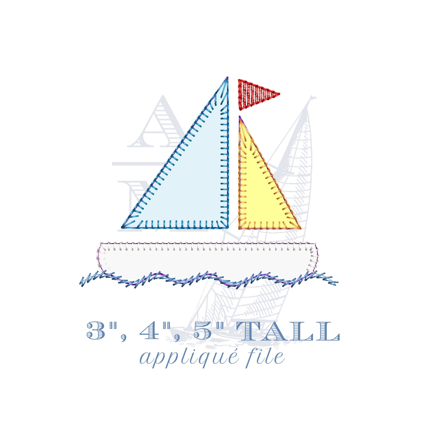 Boat Applique Embroidery Design with Sketch Vintage Finish, 3, 4, 5" Wide, Spring Nautical Sailboat