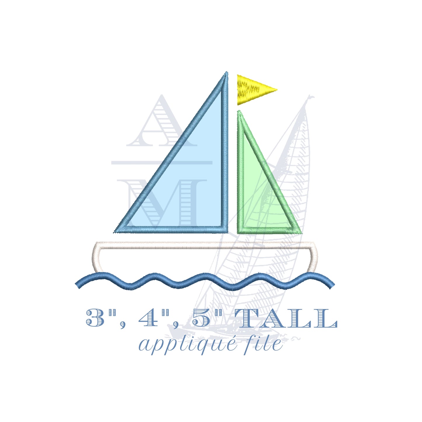 Boat Applique Embroidery Design with Satin Finish, 3, 4, 5" Wide