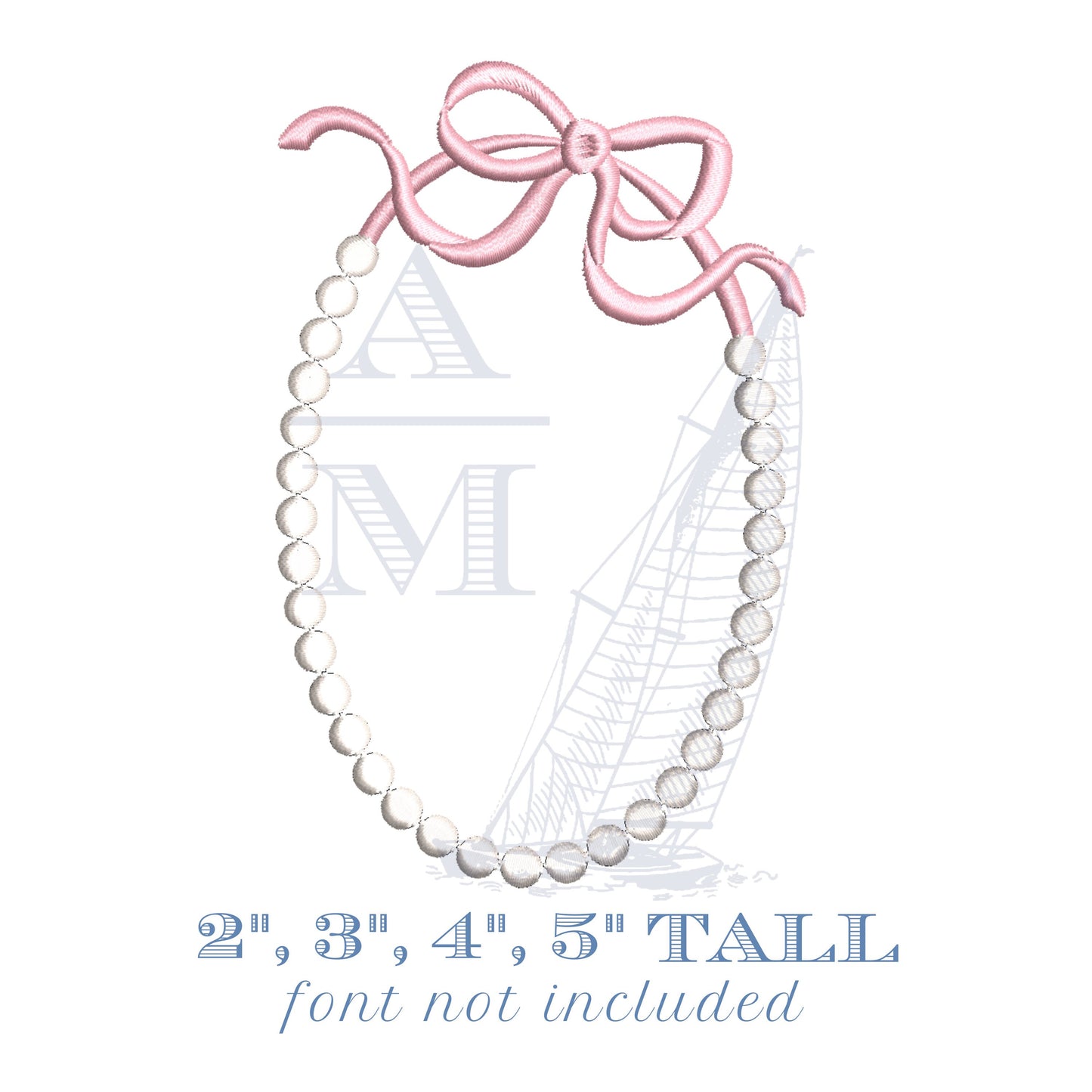 String of Pearls Bow Monogram Frame Embroidery Design, 2", 3", 4", 5" Tall