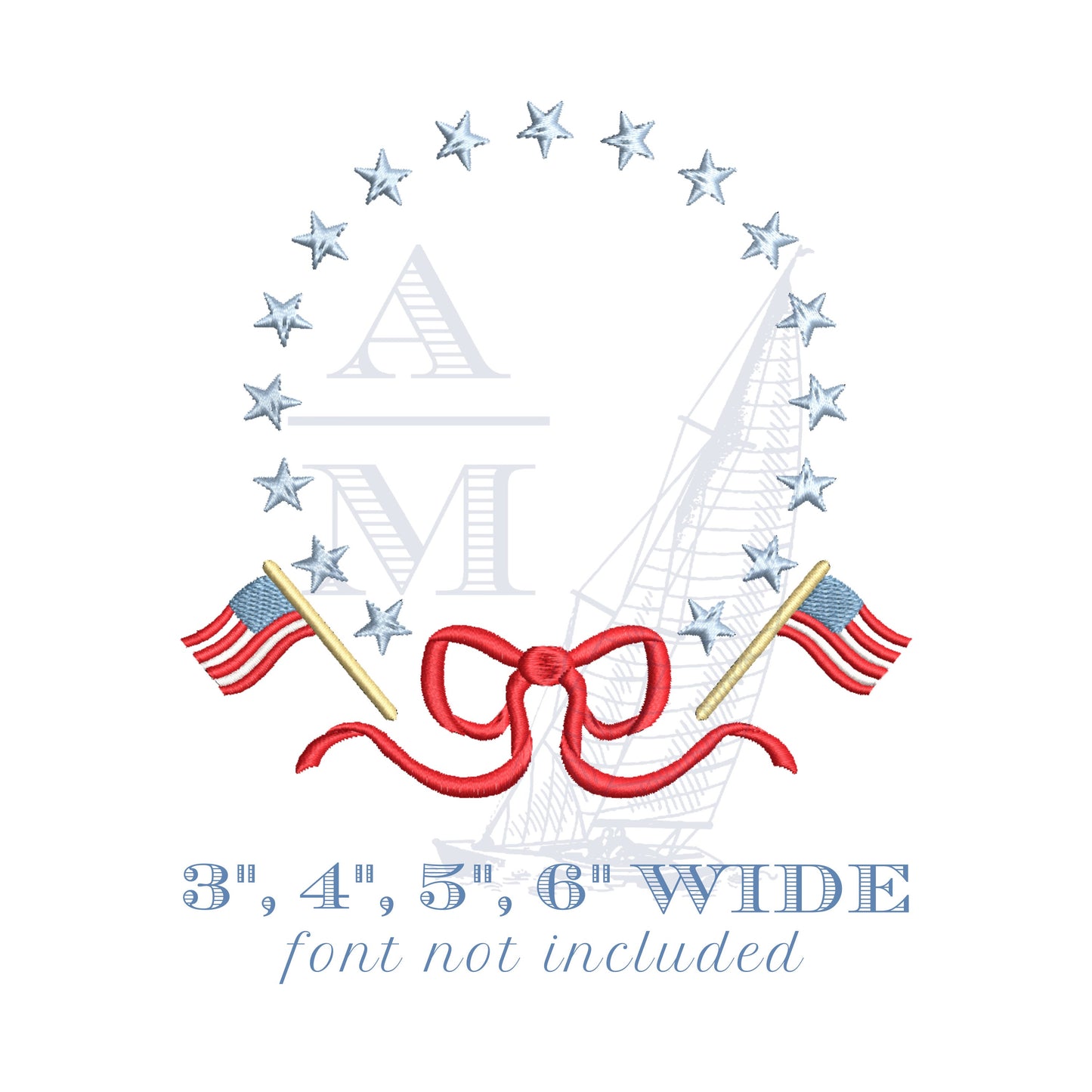 Stars and Stripes Patriotic American Flag Bow Monogram Embroidery Frame, 3", 4", 5", 6"