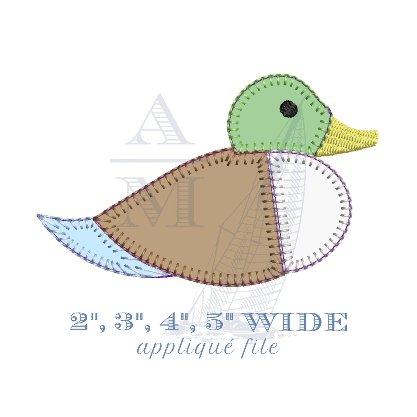 Mallard Duck Applique Embroidery Design, Sketch Vintage Stitch, 4 Sizes