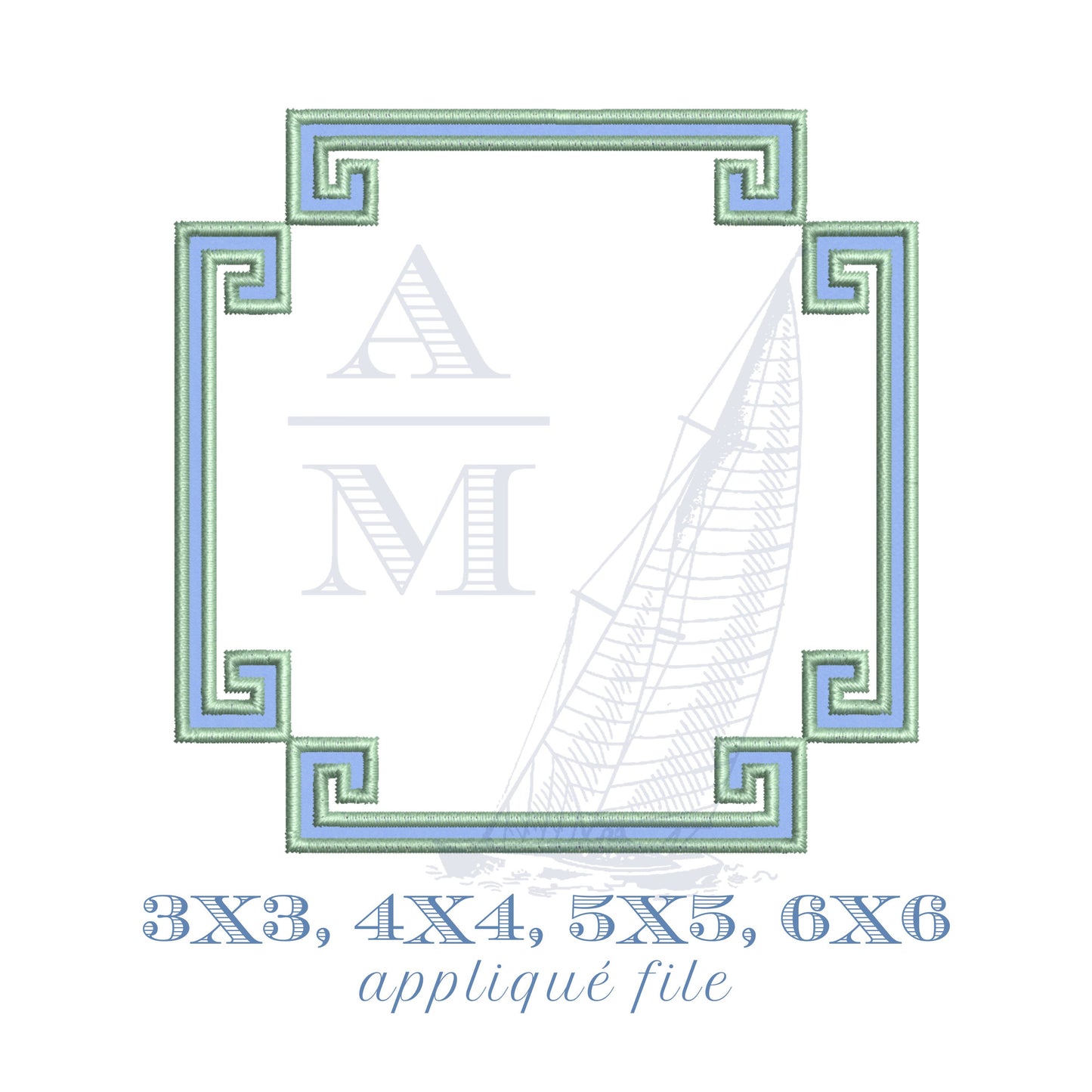 Greek Key Chinoiserie Applique Monogram Frame Embroidery Design, 4 sizes